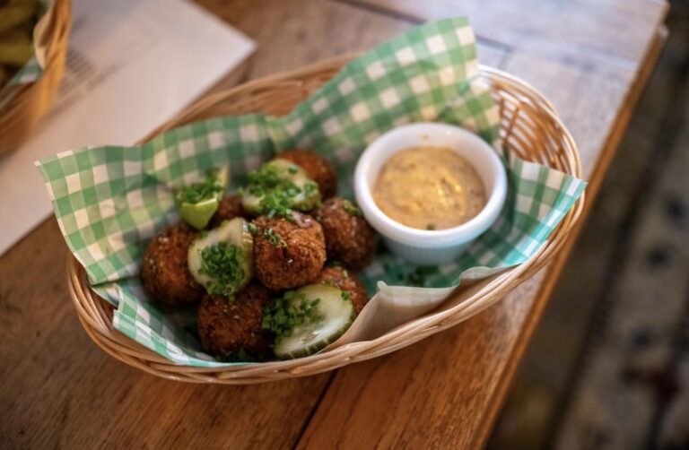 Crab Arancini Balls in a basket